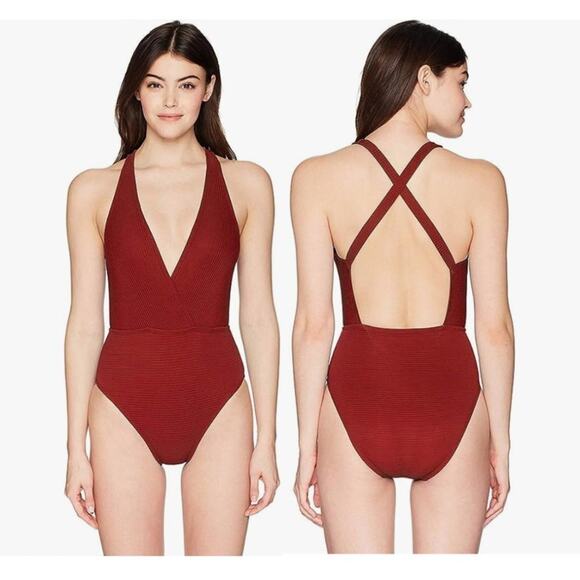 La Blanca Crimson Red Ribbed Cross Back One Piece Swimsuit - Picture 1 of 7